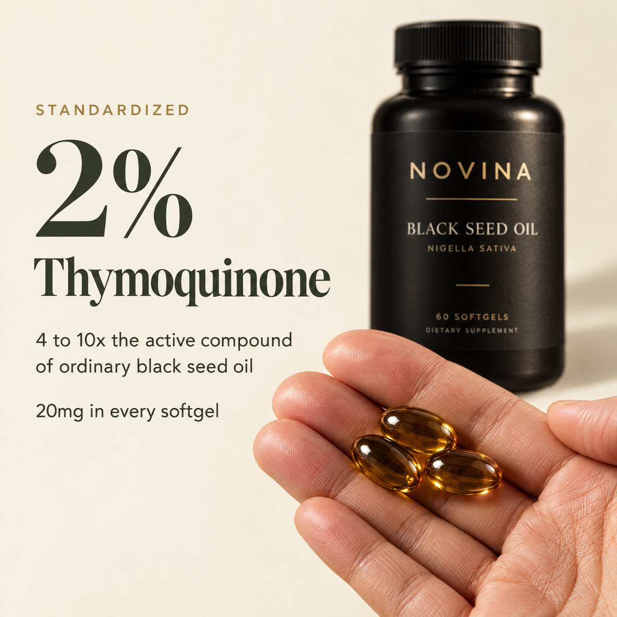Hand holding NOVINA softgels standardized to 2% thymoquinone