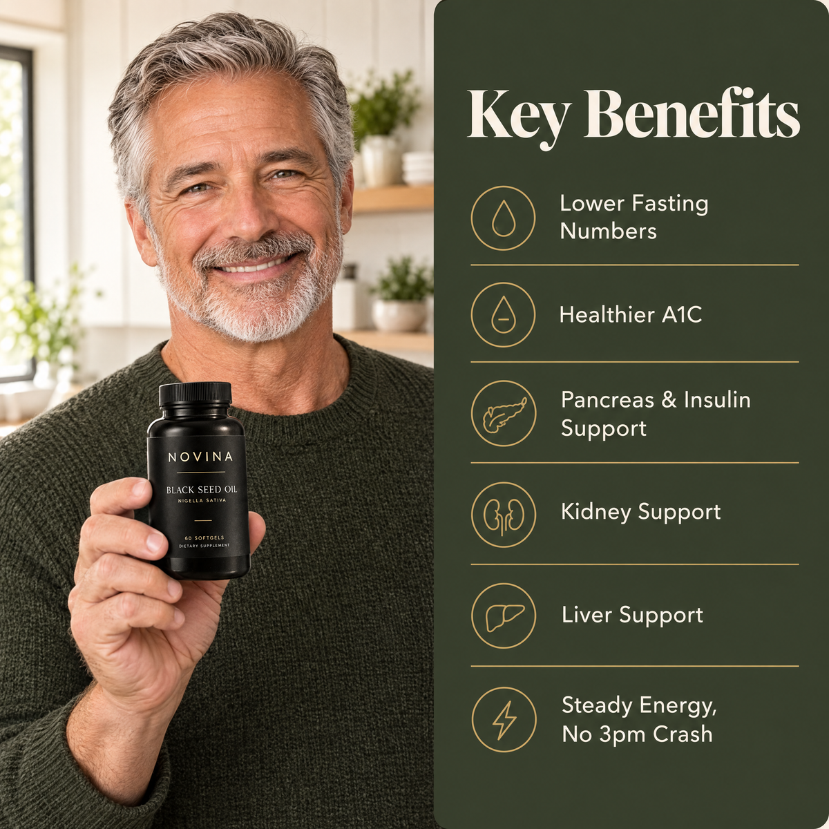 Smiling man holding a bottle of NOVINA Black Seed Oil next to a list of key benefits