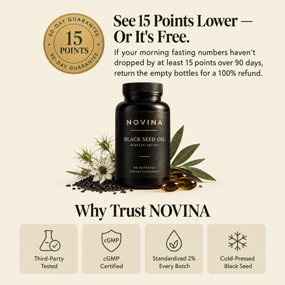 NOVINA 90-day guarantee seal and quality standards: third-party tested, cGMP certified, standardized 2%, cold-pressed